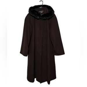 Donny Brook Vintage Wool Rabbit Fur Brown Hooded Trench Coat Size 12 Petite‎